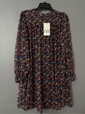 Zara Black Floral Long-Sleeve Shift Dress